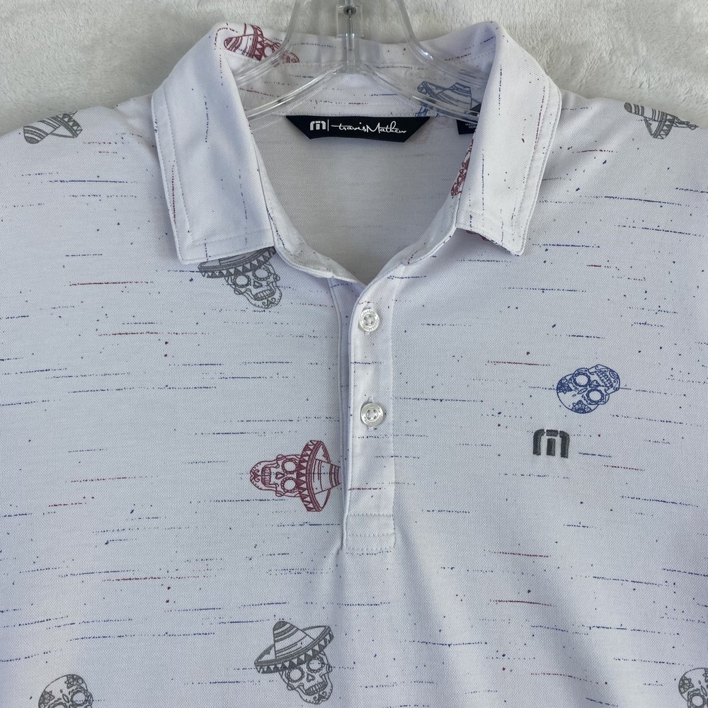 Travis Mathew Polo Shirt Top Sz S All Over Skull Print Golf Pima Cotton Blend